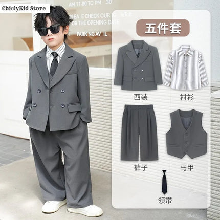 Boys Solid Double Breasted Blazer Jack Vest Pants Children Suit Waistcoat Wedding Clothes Sets Toddler Formal Dress Kids Tuxedos