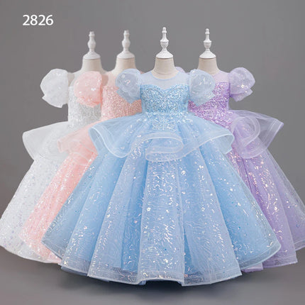 New High-End Luxury Flower Girl Wedding Show Performance Dress for Girls, Puff Sleeve Sequin Princess Dress