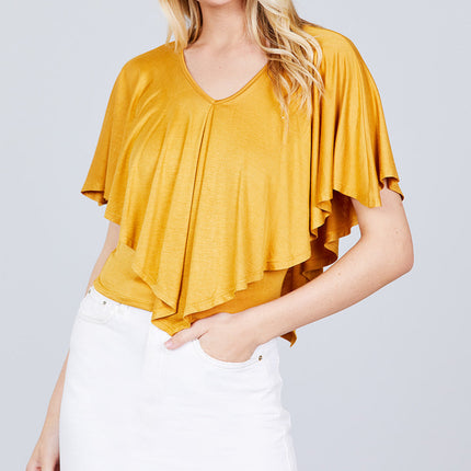 Juniors Dark Mustard V-Neck Flounce Cape Top