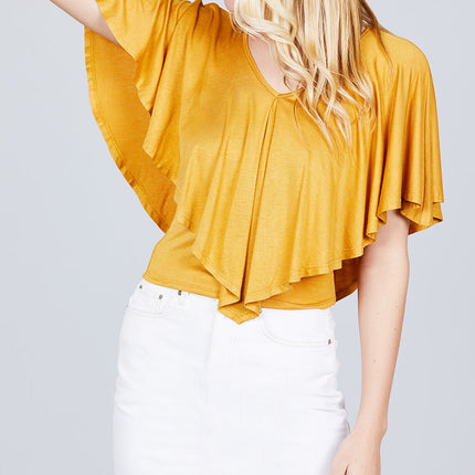 Juniors Dark Mustard V-Neck Flounce Cape Top