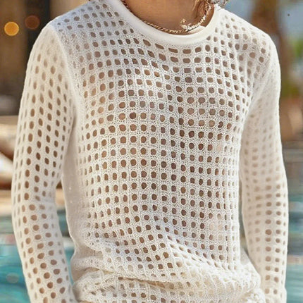 Men's Simple Sexy Mesh Tops Spring/Summer American Casual Fashion Round Neck Hollow Out Knitted Long Sleeve T-shirt