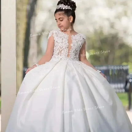 Customized White Flower Girl Dresses for Wedding Satn Appliques Elegant Kids Photo First Communion Bridesmaid  Banquet Ball Gown