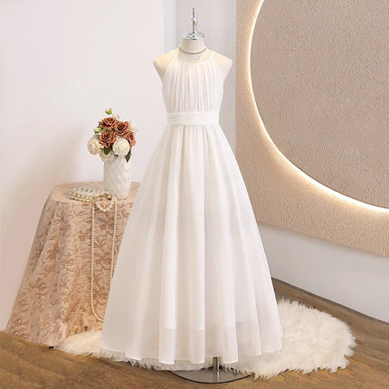Tween Girls White Dress Elegant Halter Neck Chiffon Maxi Dress Junior Bridesmaid Formal Wedding Party Dresses for Kids 8-12 Teen