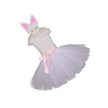 2Pcs Rabbit Costume Set White Size 110 Lovely Easter Party Headdress Dress Kid Festival Outfit Girl Cosplay Birthday Gift
