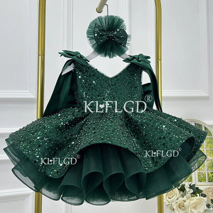 KLFLDG Light luxury baby girl beauty pageant dress with sequins, big bow, birthday party dress, 2-8 year old flower girl wedding