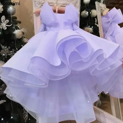2026 Flower Girl Dress First Christmas Dress Wedding Bridesmaid Gown Pink Ruffled Tulle Party Dress for Girls Formal Occasion