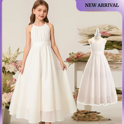 Tween Girls White Dress Elegant Halter Neck Chiffon Maxi Dress Junior Bridesmaid Formal Wedding Party Dresses for Kids 8-12 Teen