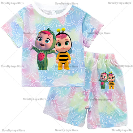 Crying Babies T-shirt Set Children Summer Clothing Girl Cartoon Anime Short Sleeve Sets Leisure Kawaii Clothes Kid Cute Tee Gift