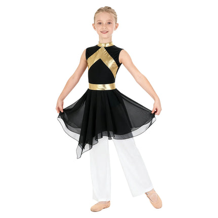 Kids Girl Worship Praise Dance Outfit Metallic Contrast Color Sleeveless Asymmetrical Hem Dress+Wide-Leg Pants for Church Events