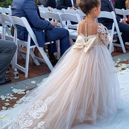 BABYONLINE Flower Girl Dresses For Weddings Long Sleeve Lace Tulle Bow Back Children's Elegant Dress vestidos para niñas