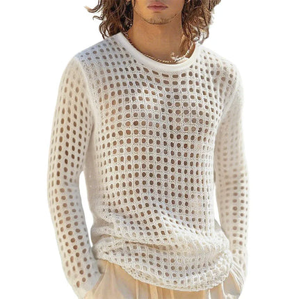 Men's Simple Sexy Mesh Tops Spring/Summer American Casual Fashion Round Neck Hollow Out Knitted Long Sleeve T-shirt