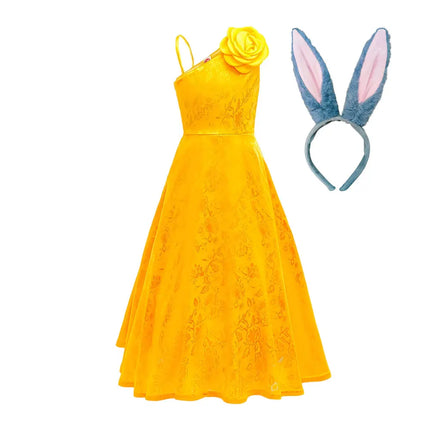 Summer Yellow One-Shoulder Princess Dress With Rose Print Pattern Flower Girls Wedding Party Costume Kids Cosplay Judy Ball Gown