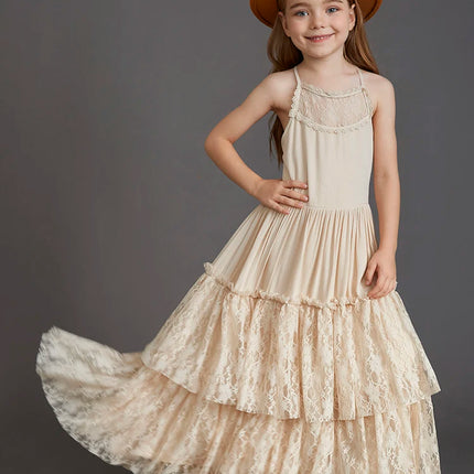 Big Girls Flower Wedding Party Backless Chiffon Dress Princess Kids Bohemia Lace Long Dresses Vestidos Clothing For 3-15 Years