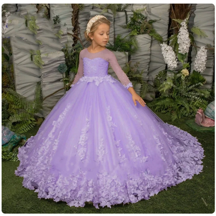 Elegance Flower Girl Dress Three Quartersleeve Appliqué Children Wedding Party Gowns New Kids Clothes Princess First Communion