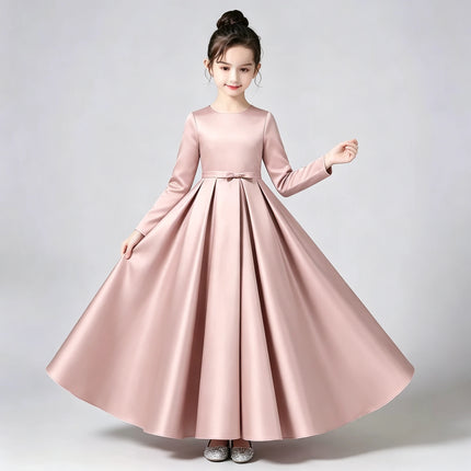 Satin First Communion Dress Round Neck Full Long Sleeve Bow A Line Modest Kids Flower Girl Gown for Church Piano Wedding Party