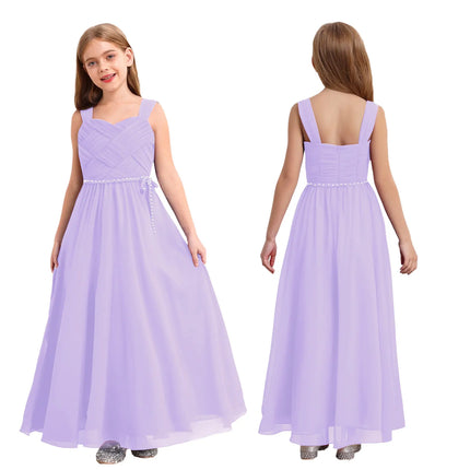 Kids Girls Wedding Bridesmaid Dress Spaghetti Strap Elegant Chiffon Maxi Party Dresses with Faux Pearls Belt for Banquet Pageant