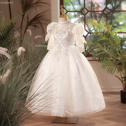 New Girls White Flower Girl Wedding Dress Children Middle Gown for Host Performance Pageant Formal Sleeve Puffy Princess Party