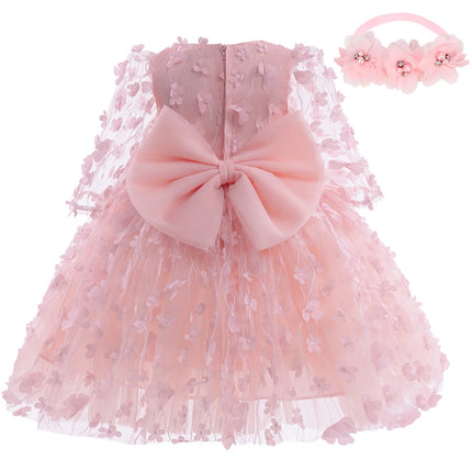 Sweet Cute Flower Baby Girls Floral Tulle Princess Dress With Headband For Toddler Kids Wedding Birthday Party Baptism Prom Gown
