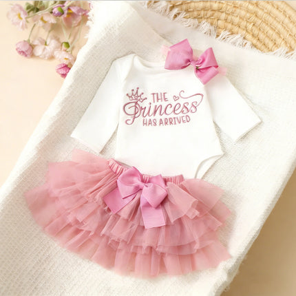 Ylsteed Summer Newborn Photography Outfit Sets Infant Baby Girls Letter Print Romper Pink Tulle Skirt Headband Photo Props-HD
