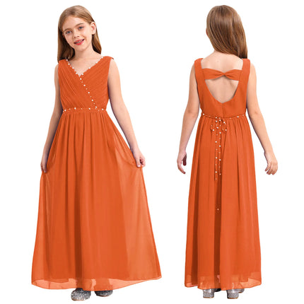 Kids Girls Wedding Bridesmaid Dress Spaghetti Strap Elegant Chiffon Maxi Party Dresses with Faux Pearls Belt for Banquet Pageant