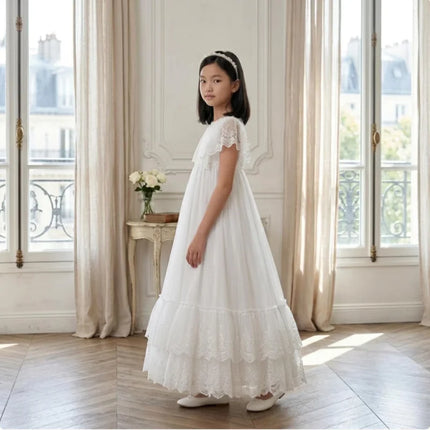 White Lace First Communion Dress Tiered Ruffle Hem Floor Length Tulle Flower Girl Dress Kids Church Baptism Wedding Birthday