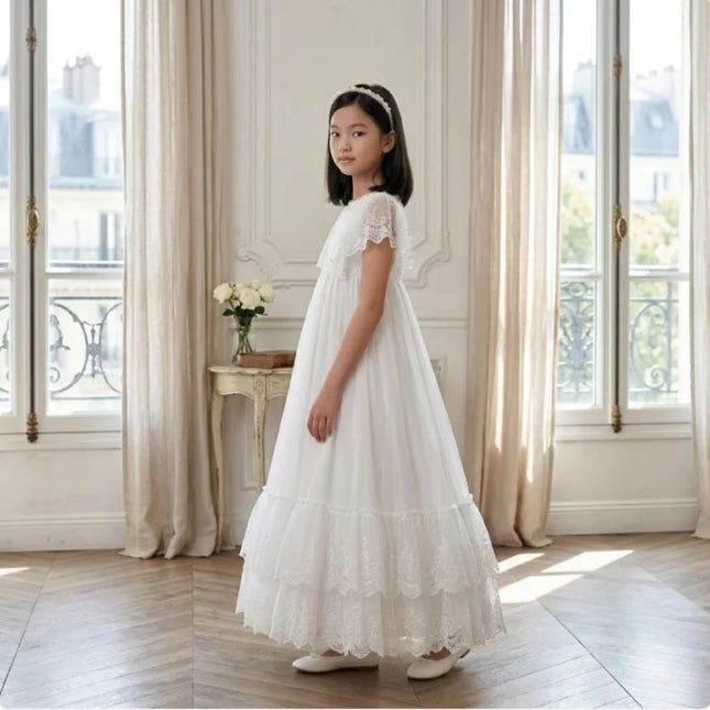 White Lace First Communion Dress Tiered Ruffle Hem Floor Length Tulle Flower Girl Dress Kids Church Baptism Wedding Birthday