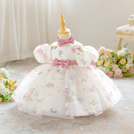 2pcs Toddler Pink Flower Baptism Party Baby Girls Dress Elegant 1 Yrs Birthday Wedding Princess Prom Dress Girl Bridesmaids Gown