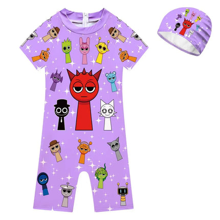 Summer Sprunki Plush Swimwear Kids Costume Toddler Baby One-piece Swimming Cap Bathing Suit Boys Girls Sprunki Print Beachwear