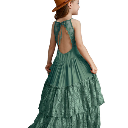 Big Girls Flower Wedding Party Backless Chiffon Dress Princess Kids Bohemia Lace Long Dresses Vestidos Clothing For 3-15 Years