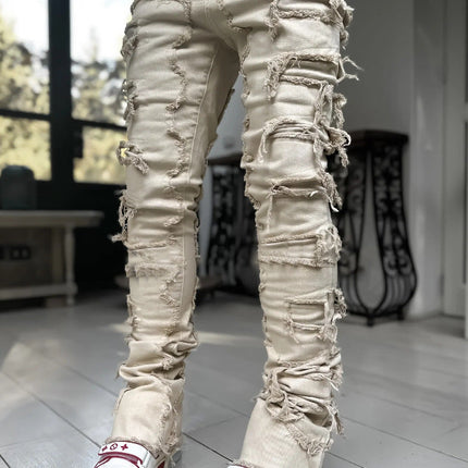Ins Fringes Ripped Trousers Individual Patched Pants Long Tight Fit Stacked Jeans For Mens Clothing