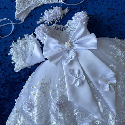 Cute Lace Baptism Christening Gown With Bonnet Outfit Baby Girls White Party Birthday Gown Wedding 3D Flower Girl Dress