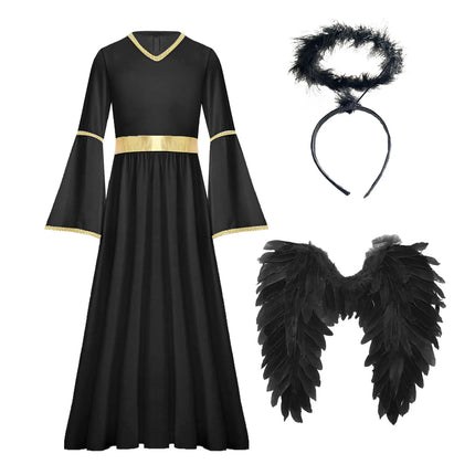 Sweet Girls Angel Costume Outfits Kids White Fancy Princess Church Robes Angel Dress+Feather Wings+Headband Dress Up 3Pcs Set
