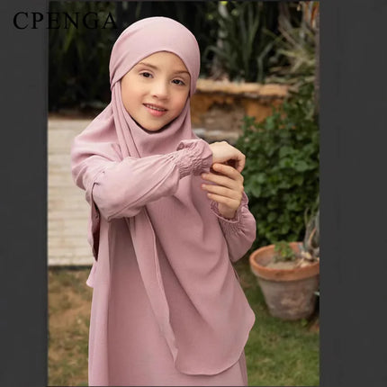 Two-piece Muslim Set for Girls Ramadan Kids Modest Abaya Dress with Khimar Eid Church Prayer Outfits Islamic Girl Plain Clothes