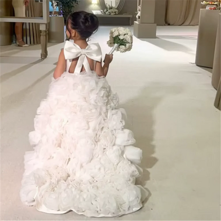 Luxury White Ivory Flower Girl Dresses Pearls Dubai Kids Princess Birthday Wedding Party Children Holiday Gown