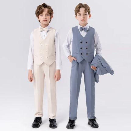 Teenager Kids Beige WaistCoat Shirt Pants Bowtie Tuxedo Dress Boys Vest Suit For Wedding Children Host Photograph Party Costume