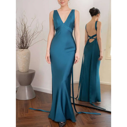 Backless Strappy Lake Blue Wedding Dress