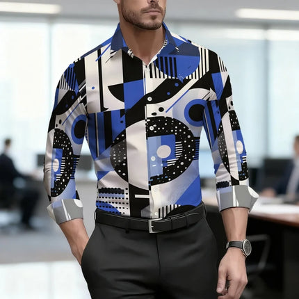 Men's shirt, personalized contrasting color abstract printed shirt, trendy artistic style, long sleeved lapel shirt, casual top