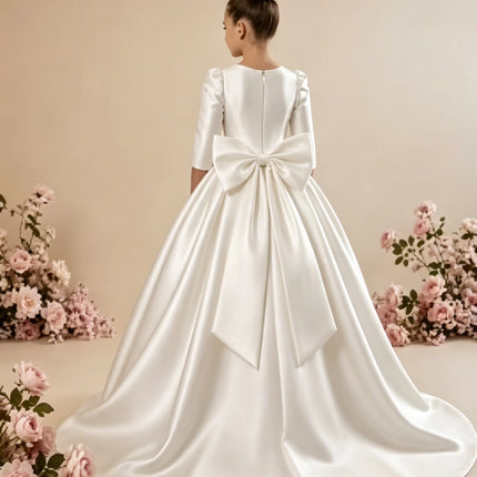 Custom Girls First Communion Dress 2025 New Long Sleeve Matte Satin A-Line Tail Evening Gown Girls Wedding Party Princess Dress