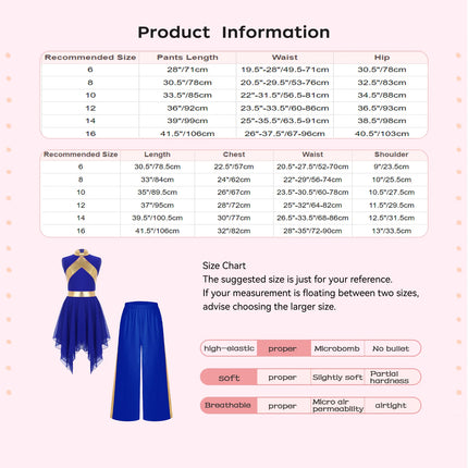 Kids Girl Worship Praise Dance Outfit Metallic Contrast Color Sleeveless Asymmetrical Hem Dress+Wide-Leg Pants for Church Events