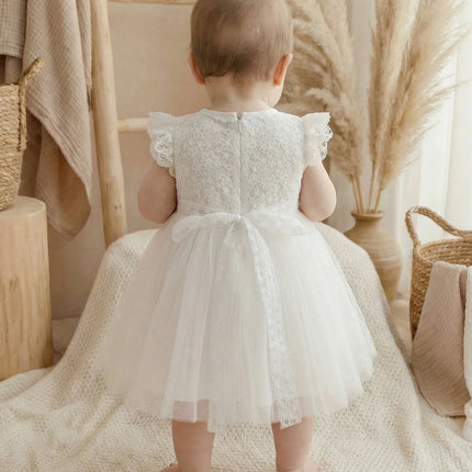 Baby Girl, 0-2 Years Old, White Dress with Lace Trim and Floral Embroidery, Fluffy Net Fabric, for Baptism, with a Hat