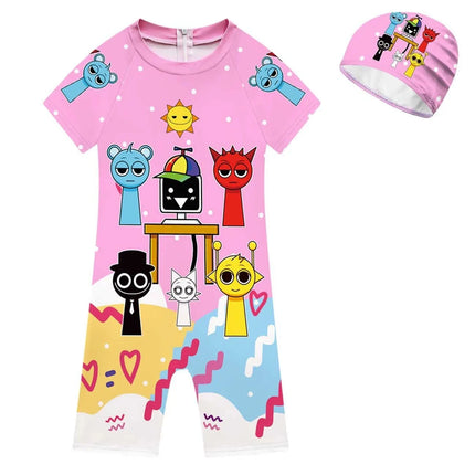 Summer Sprunki Plush Swimwear Kids Costume Toddler Baby One-piece Swimming Cap Bathing Suit Boys Girls Sprunki Print Beachwear