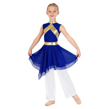 Kids Girl Worship Praise Dance Outfit Metallic Contrast Color Sleeveless Asymmetrical Hem Dress+Wide-Leg Pants for Church Events