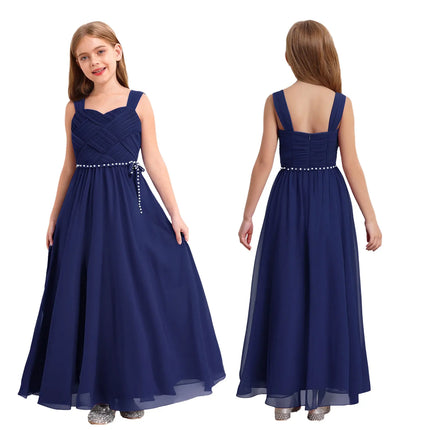 Kids Girls Wedding Bridesmaid Dress Spaghetti Strap Elegant Chiffon Maxi Party Dresses with Faux Pearls Belt for Banquet Pageant