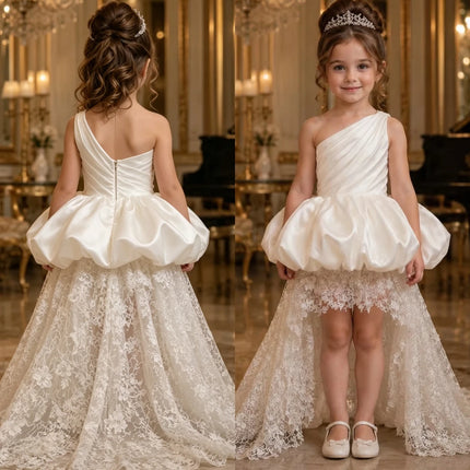 Satin Lace Flower Girl Train Dress OneShoulder Ruched Bubble Puff Skirt Kids Luxury Modest Church Communion Formal Princess Gown