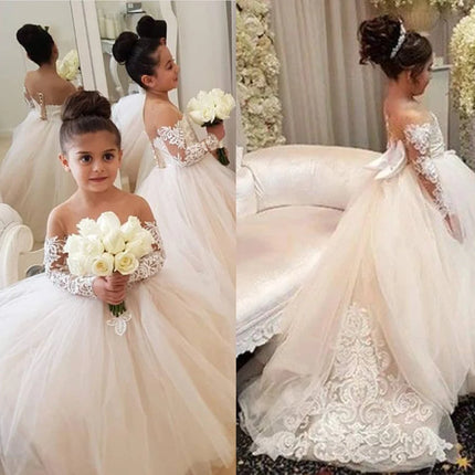 BABYONLINE Flower Girl Dresses For Weddings Long Sleeve Lace Tulle Bow Back Children's Elegant Dress vestidos para niñas