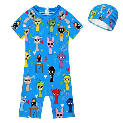 Summer Sprunki Plush Swimwear Kids Costume Toddler Baby One-piece Swimming Cap Bathing Suit Boys Girls Sprunki Print Beachwear