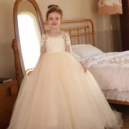 Elegant Wedding Flower Girl Dress, Long Sleeve Lace Tulle Tutu Dress, Formal Children's Wedding Party Dress, Communion Ceremony