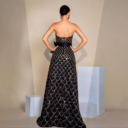Black Gold Large Swing Sequined Evening Dress