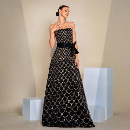 Black Gold Large Swing Sequined Evening Dress
