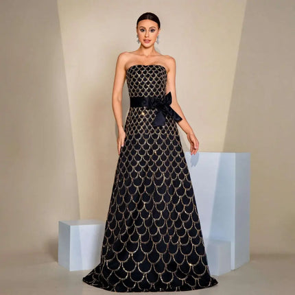 Black Gold Large Swing Sequined Evening Dress